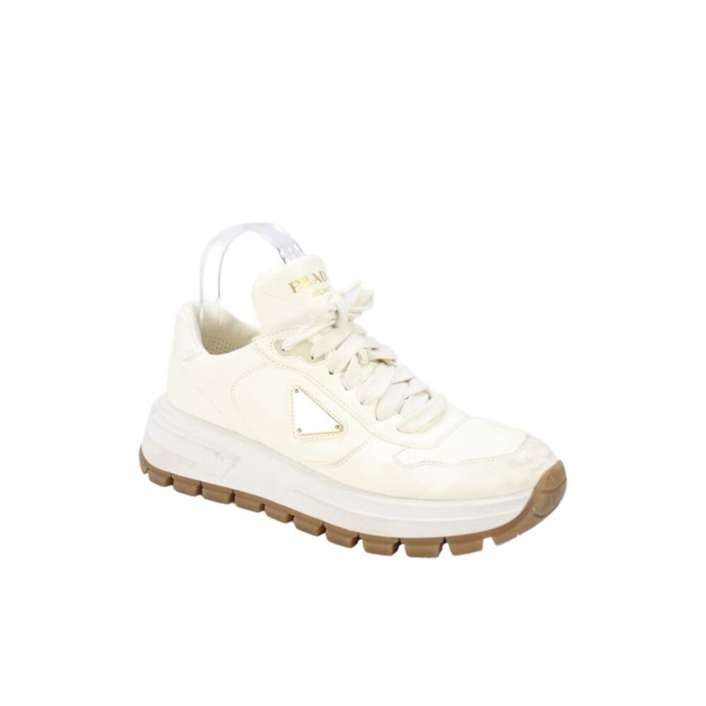 Prada Womens Lace Up Traingle Logo Leather Trainers Sneakers White Size 38.5